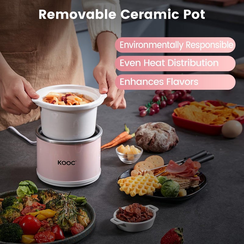 KOOC Small Slow Cooker, 0.65 Quart, Free Liners Included, Upgraded Ceramic Pot, Nutrient Loss Reduction, Sauces, Stews & Dips, Stainless Steel, Pink, Round - Image 4